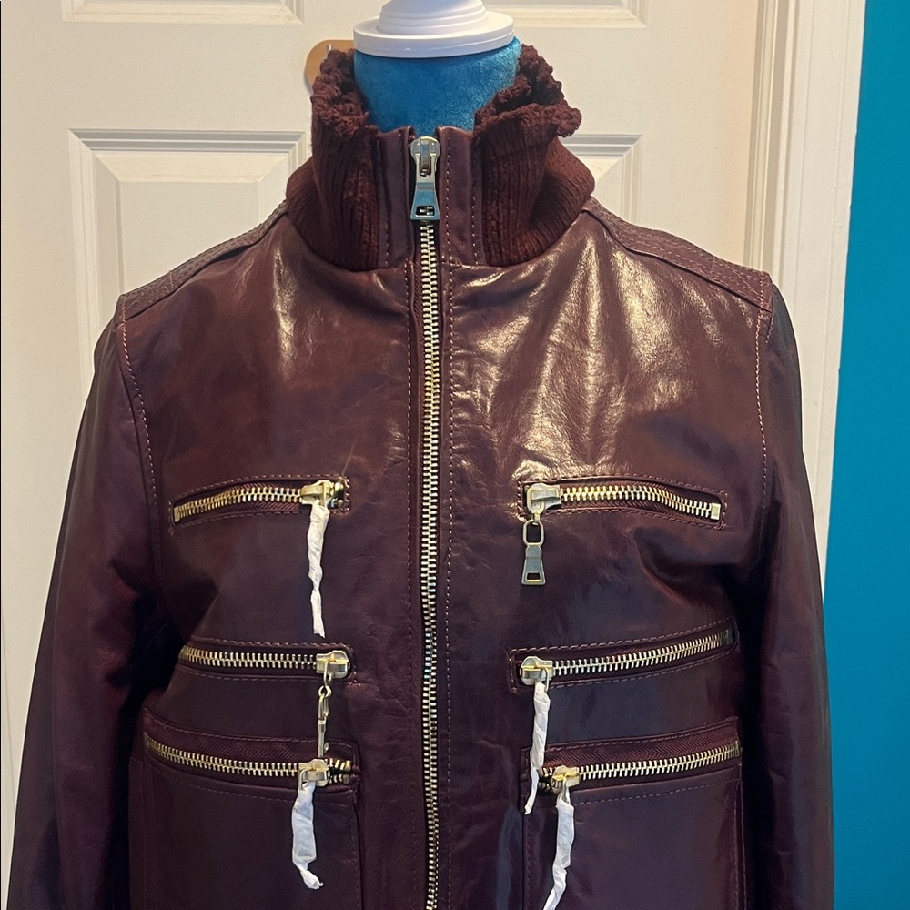 Women's Leather Jacket - Burgundy - Picture 5 of 15